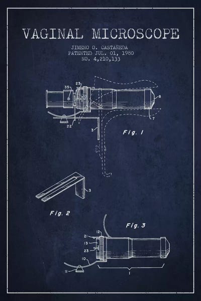 Medical & Dental Blueprints: Vaginal Microscope Navy Blue Patent Blueprint by Aged Pixel