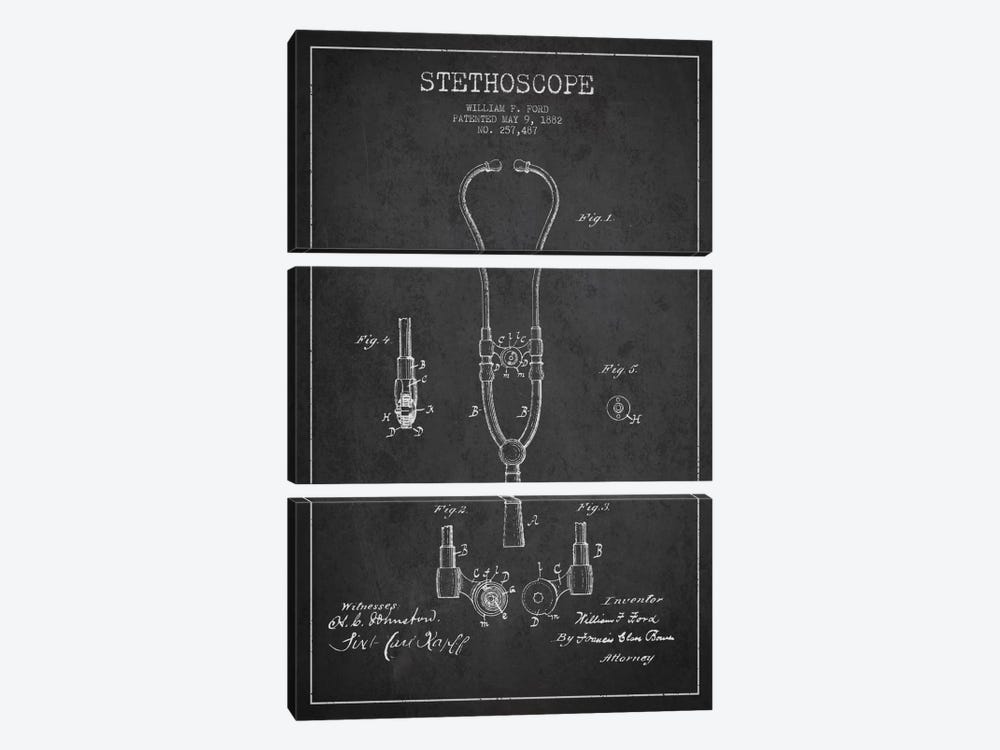 Stethoscope Charcoal Patent Blueprint by Aged Pixel 3-piece Canvas Artwork