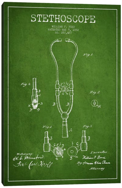 Stethoscope Green Patent Blueprint Canvas Art Print - Medical & Dental Blueprints