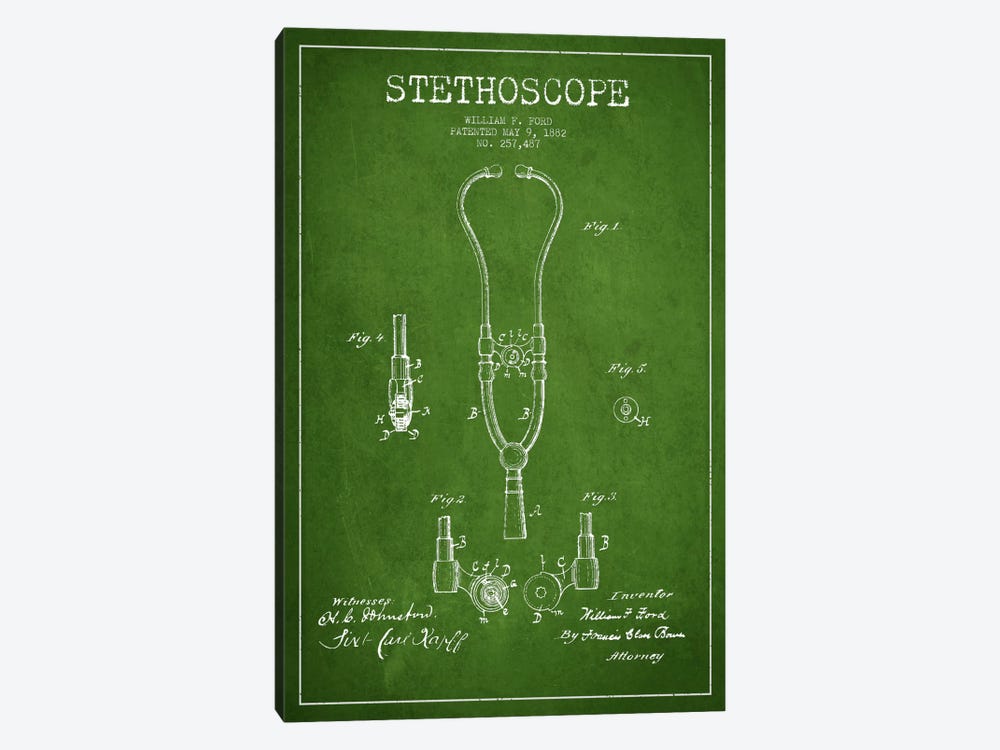 Stethoscope Green Patent Blueprint by Aged Pixel 1-piece Canvas Wall Art