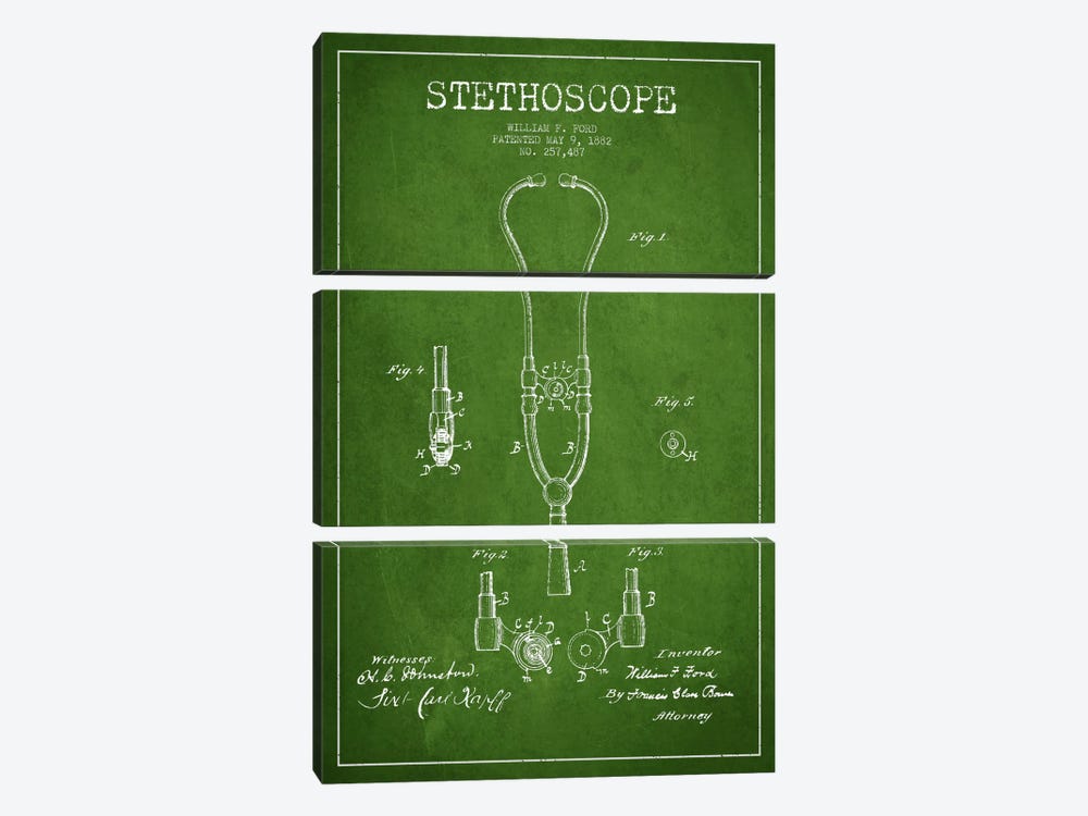 Stethoscope Green Patent Blueprint by Aged Pixel 3-piece Canvas Wall Art