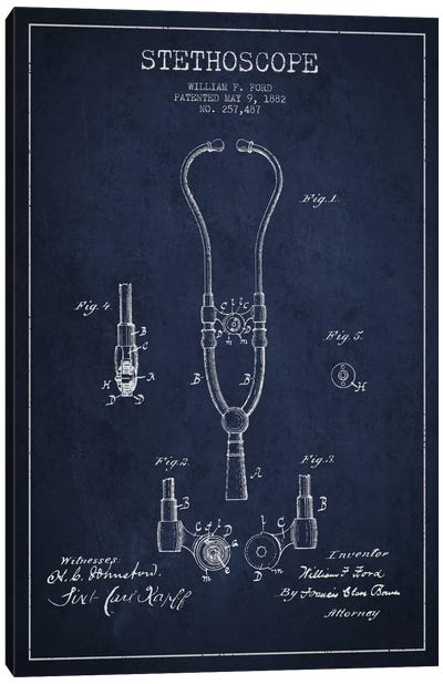 Stethoscope Navy Blue Patent Blueprint Canvas Art Print - Medical & Dental Blueprints