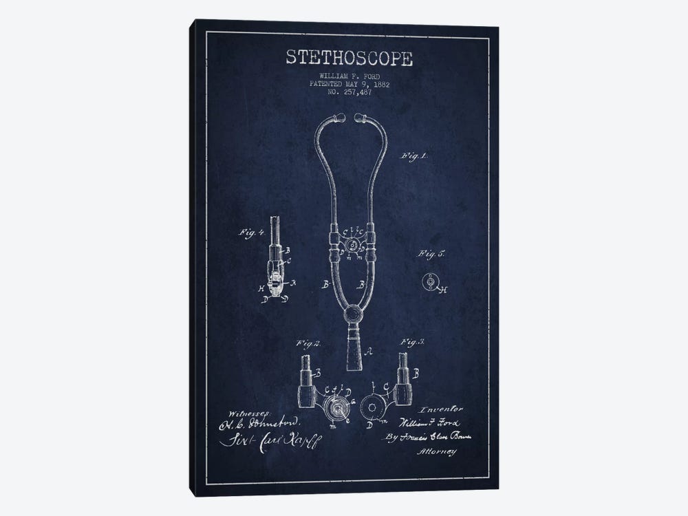 Stethoscope Navy Blue Patent Blueprint by Aged Pixel 1-piece Canvas Art Print