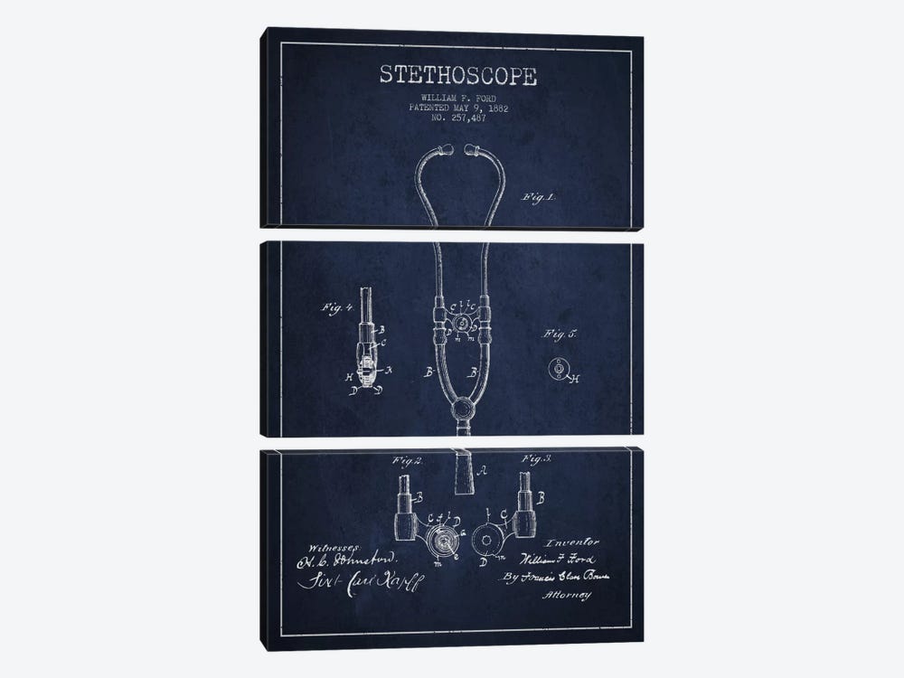 Stethoscope Navy Blue Patent Blueprint by Aged Pixel 3-piece Canvas Art Print