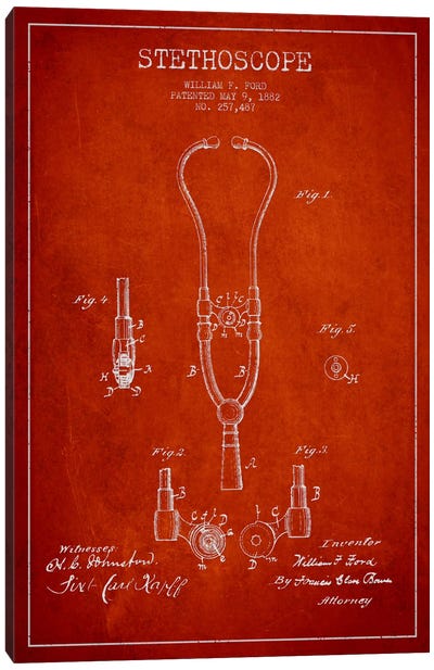Stethoscope Red Patent Blueprint Canvas Art Print - Medical & Dental Blueprints