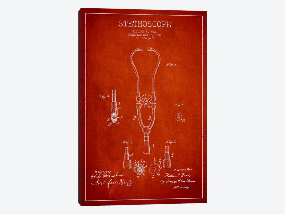 Stethoscope Red Patent Blueprint by Aged Pixel 1-piece Canvas Artwork
