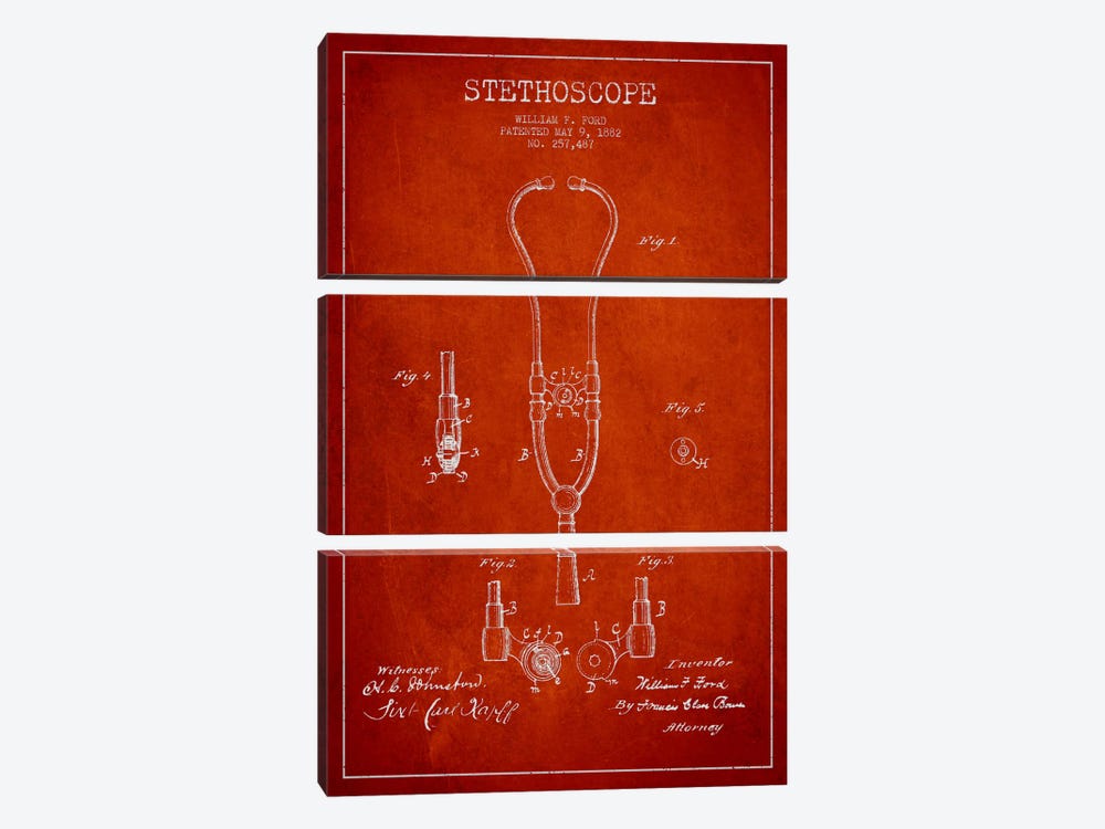 Stethoscope Red Patent Blueprint by Aged Pixel 3-piece Canvas Art