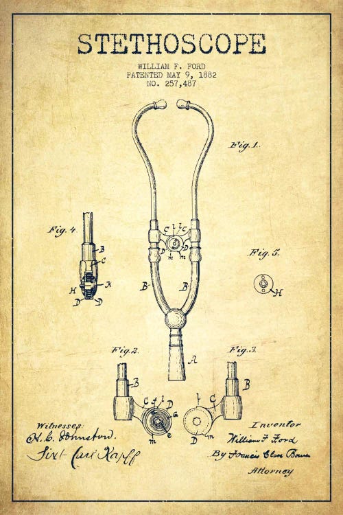 Stethoscope Vintage Patent Blueprint by Aged Pixel wall art