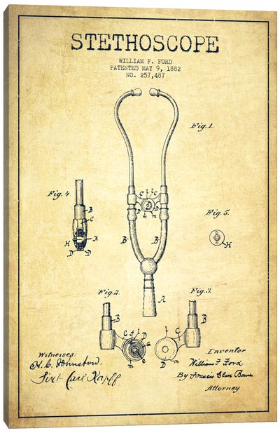 Stethoscope Vintage Patent Blueprint Canvas Art Print - Aged Pixel: Medical & Dental