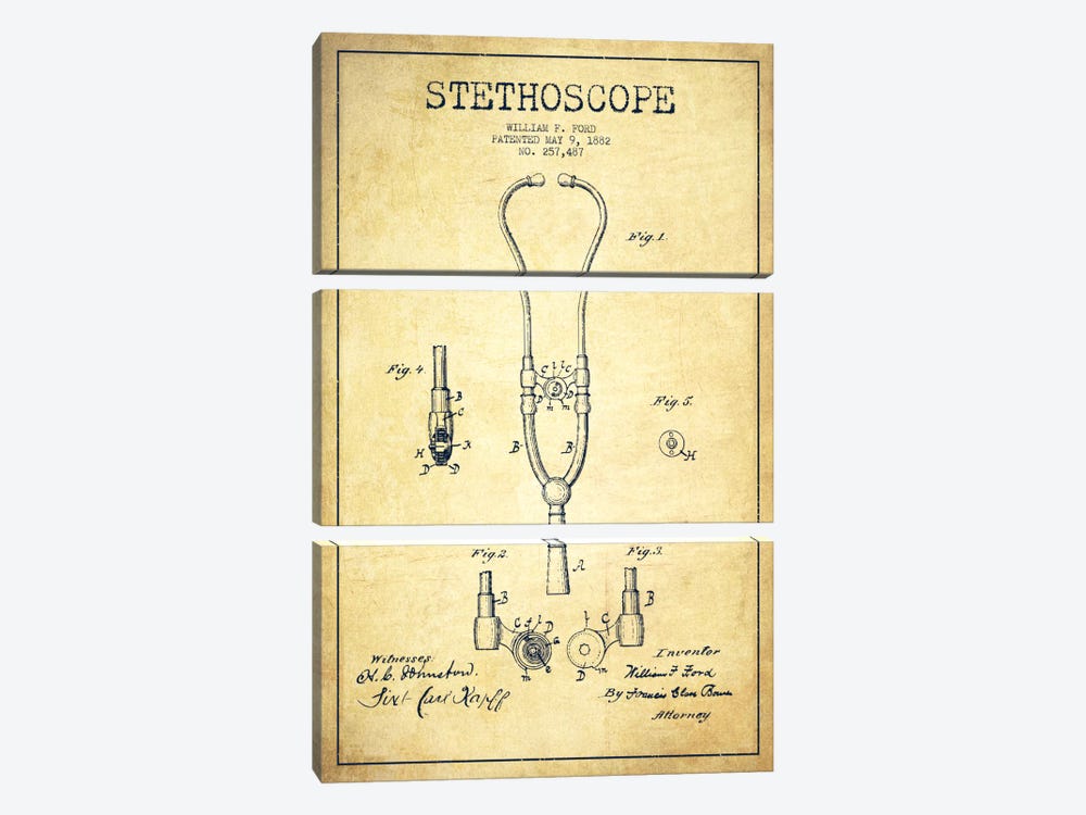 Stethoscope Vintage Patent Blueprint 3-piece Canvas Print
