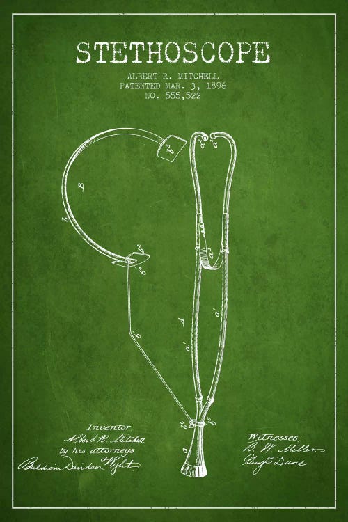 Stethoscope Green Patent Blueprint by Aged Pixel wall art
