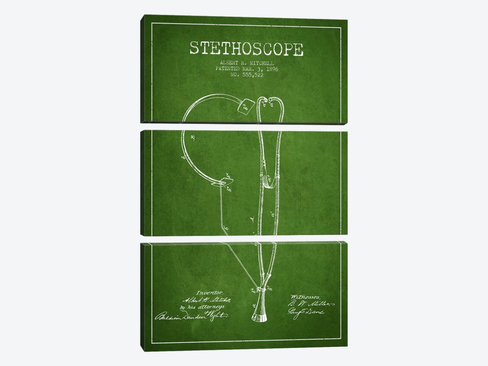 Stethoscope Green Patent Blueprint by Aged Pixel 3-piece Art Print