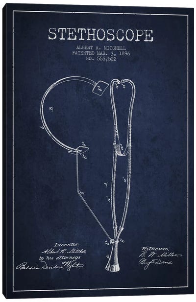 Stethoscope Navy Blue Patent Blueprint Canvas Art Print - Aged Pixel: Medical & Dental