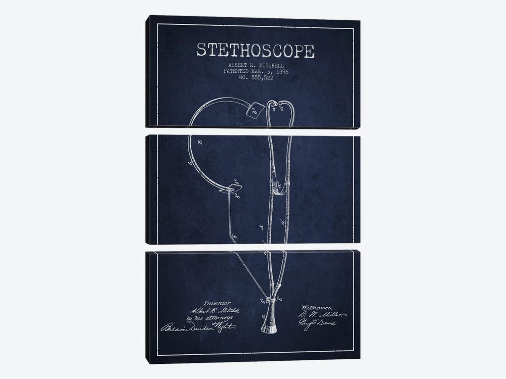 Stethoscope Navy Blue Patent Blueprint by Aged Pixel 3-piece Canvas Artwork