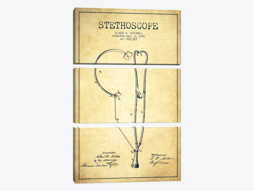 Stethoscope Vintage Patent Blueprint by Aged Pixel 3-piece Canvas Wall Art