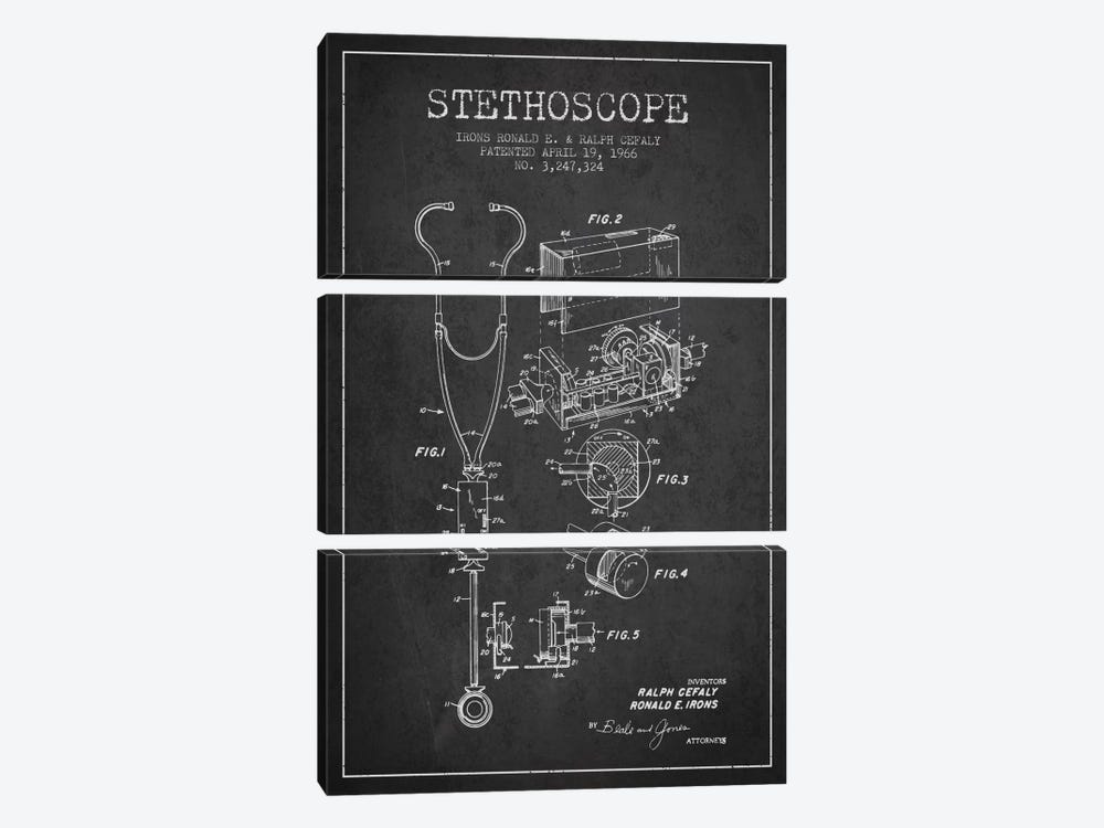 Stethoscope Charcoal Patent Blueprint by Aged Pixel 3-piece Art Print