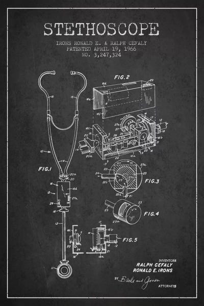 Aged Pixel: Stethoscope Charcoal Patent Blueprint by Aged Pixel