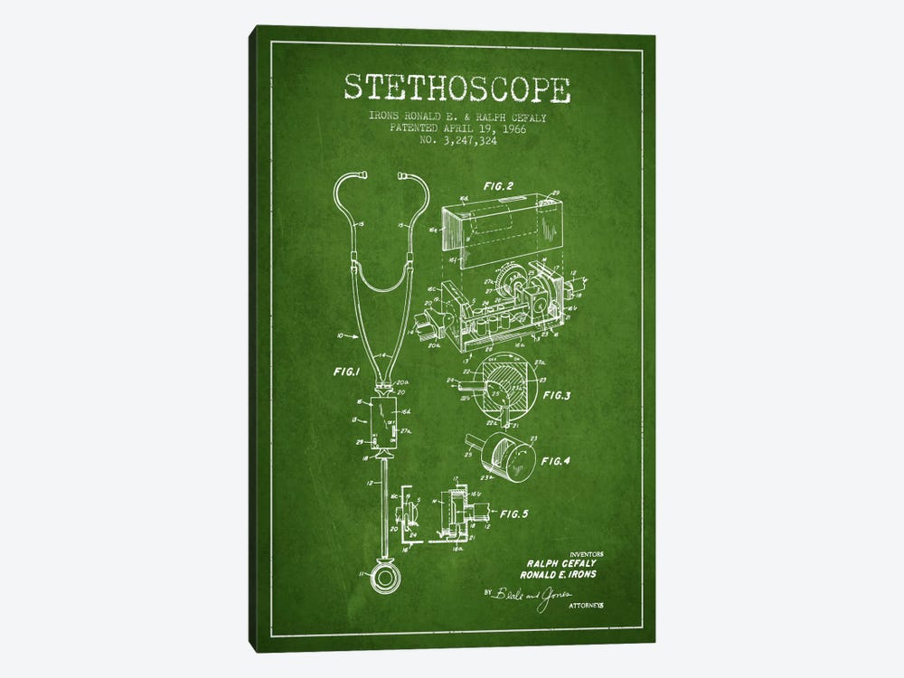 Stethoscope Green Patent Blueprint by Aged Pixel 1-piece Canvas Art Print