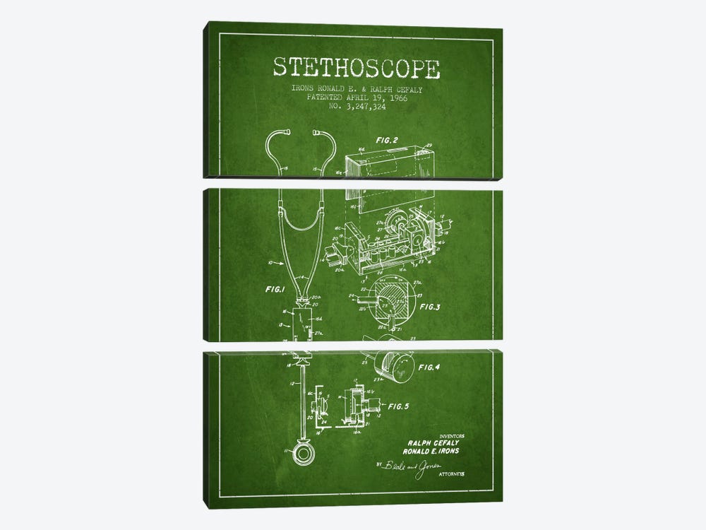 Stethoscope Green Patent Blueprint by Aged Pixel 3-piece Canvas Art Print