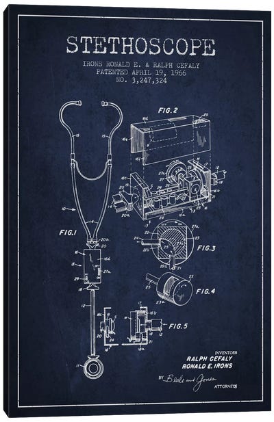 Stethoscope Navy Blue Patent Blueprint Canvas Art Print - Medical & Dental Blueprints