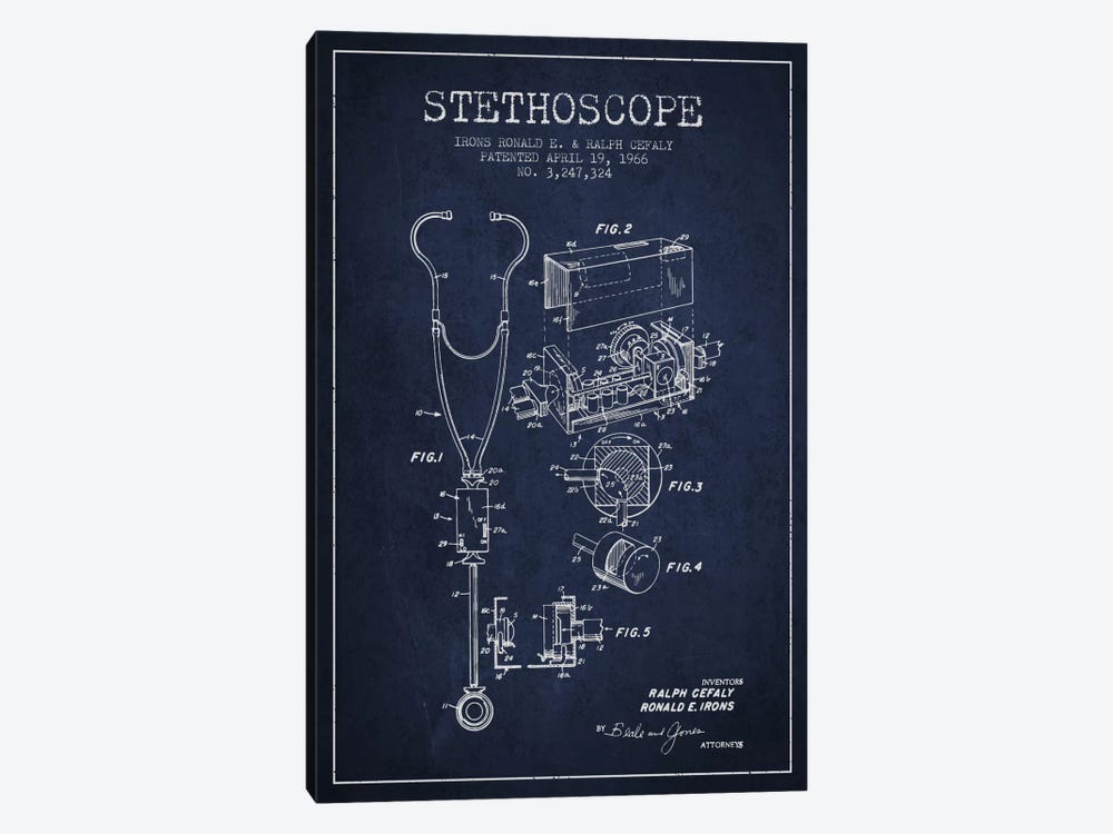 Stethoscope Navy Blue Patent Blueprint by Aged Pixel 1-piece Canvas Wall Art