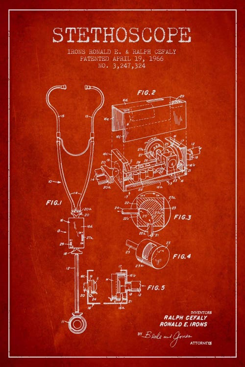 Stethoscope Red Patent Blueprint by Aged Pixel wall art