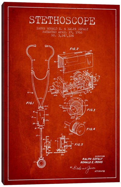 Stethoscope Red Patent Blueprint Canvas Art Print - Aged Pixel: Medical & Dental