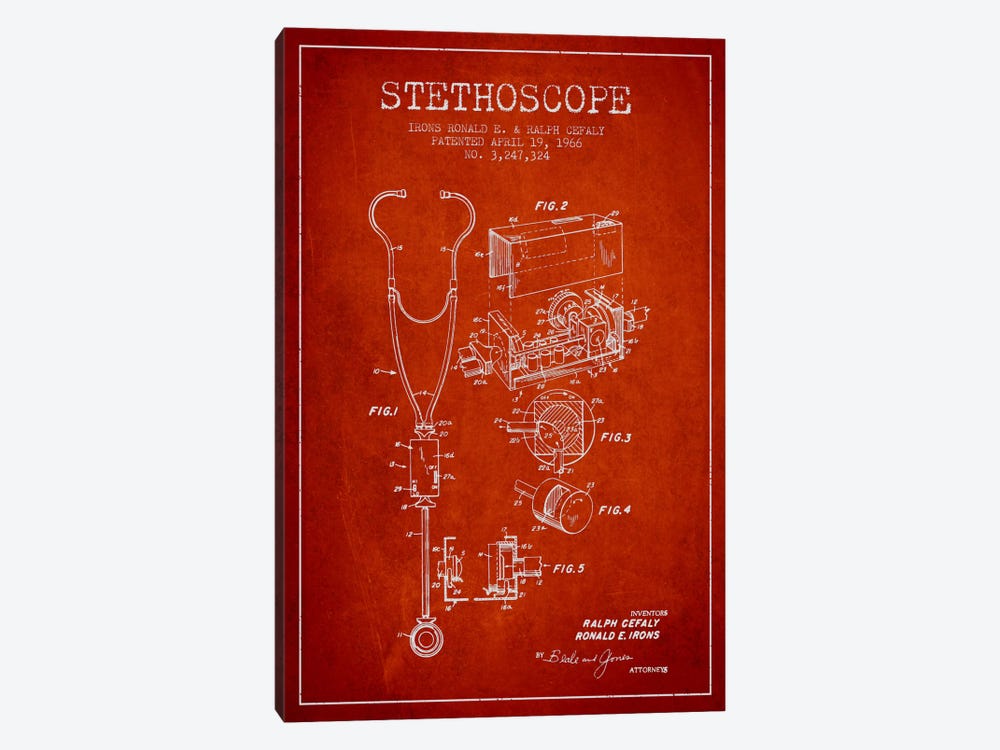 Stethoscope Red Patent Blueprint by Aged Pixel 1-piece Canvas Print