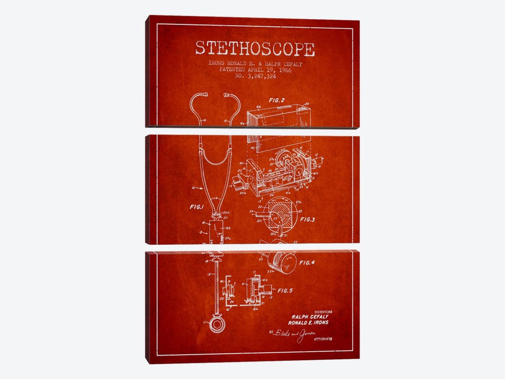 Stethoscope Red Patent Blueprint by Aged Pixel 3-piece Art Print