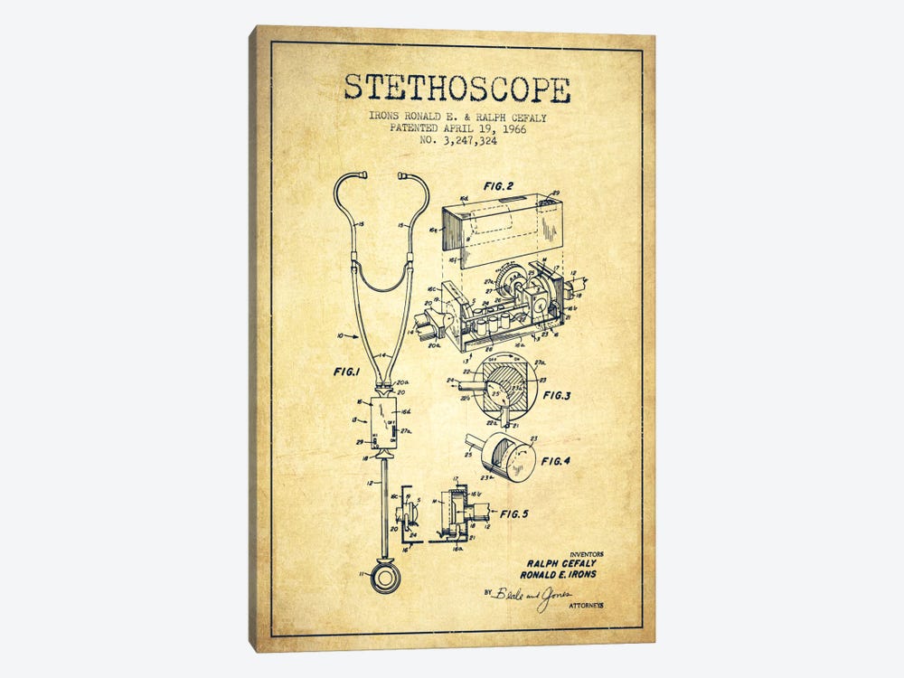 Stethoscope Vintage Patent Blueprint by Aged Pixel 1-piece Canvas Wall Art