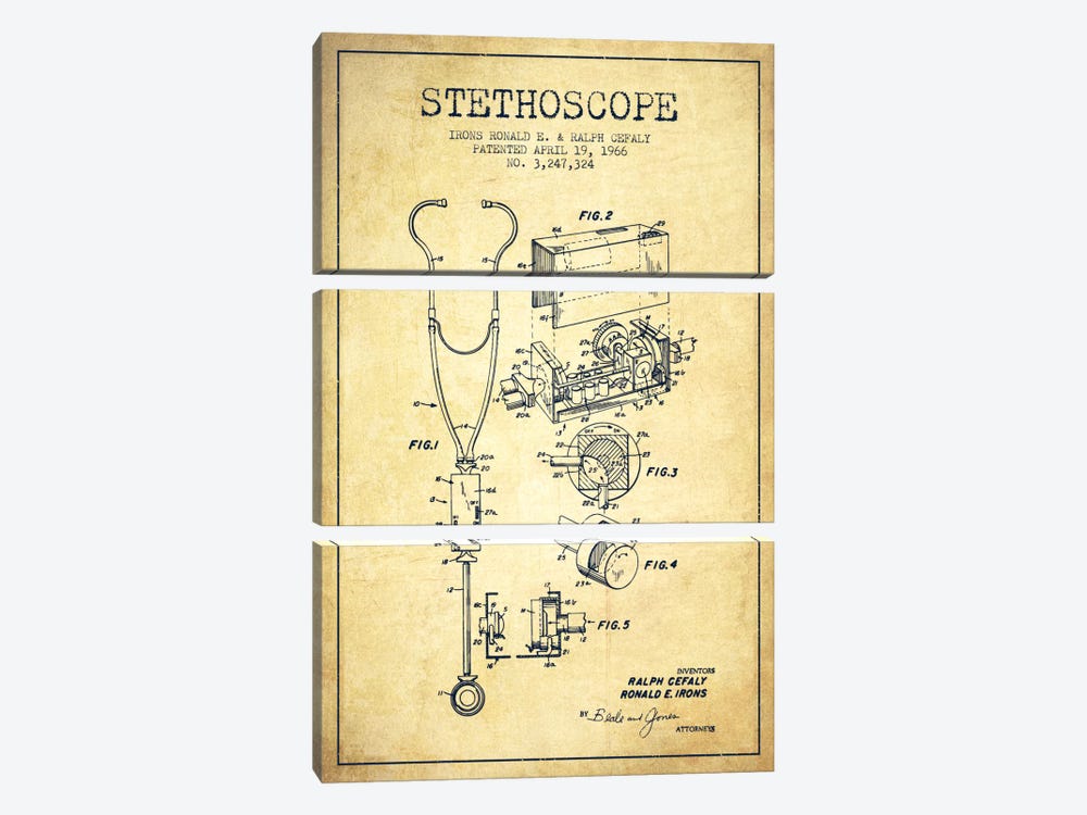 Stethoscope Vintage Patent Blueprint by Aged Pixel 3-piece Canvas Artwork