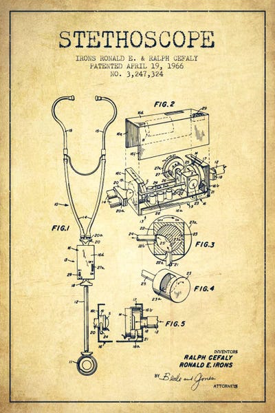 Aged Pixel: Stethoscope Vintage Patent Blueprint by Aged Pixel