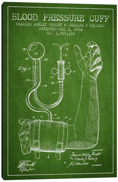 Blood Pressure Green Patent Blueprint Canvas Art Print - Medical & Dental Blueprints