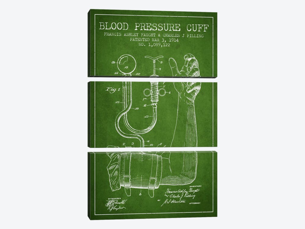 Blood Pressure Green Patent Blueprint by Aged Pixel 3-piece Canvas Wall Art