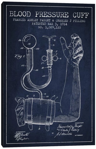 Blood Pressure Navy Blue Patent Blueprint Canvas Art Print - Aged Pixel: Medical & Dental