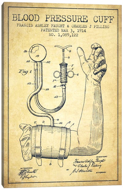 Blood Pressure Vintage Patent Blueprint Canvas Art Print - Aged Pixel: Medical & Dental