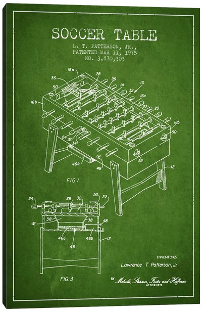 Soccer Table Green Patent Blueprint Canvas Art Print - Aged Pixel: Sports