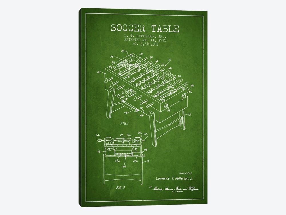 Soccer Table Green Patent Blueprint by Aged Pixel 1-piece Canvas Print