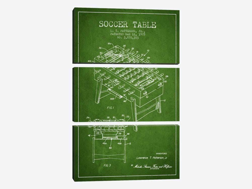 Soccer Table Green Patent Blueprint by Aged Pixel 3-piece Art Print