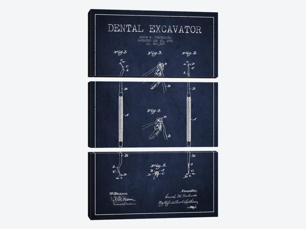 Dental Navy Blue Patent Blueprint by Aged Pixel 3-piece Canvas Art Print