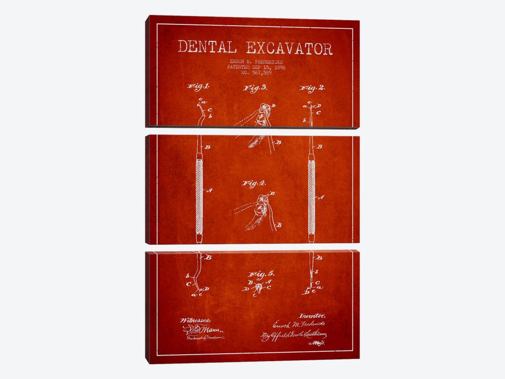 Dental Red Patent Blueprint by Aged Pixel 3-piece Canvas Wall Art
