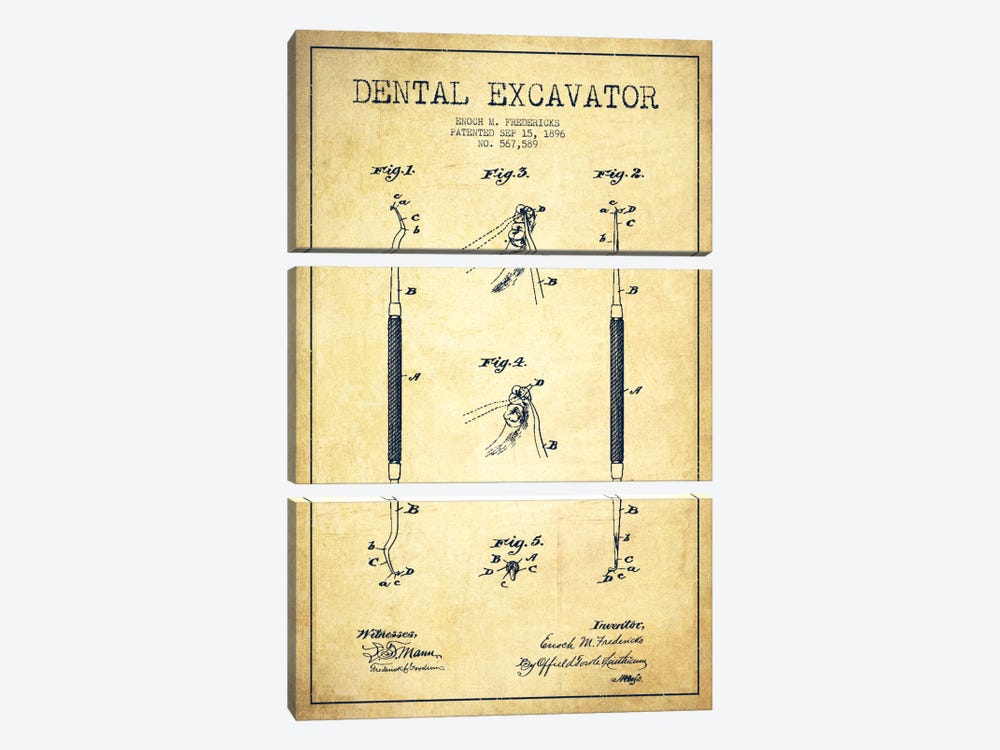 Dental Vintage Patent Blueprint by Aged Pixel 3-piece Canvas Art Print