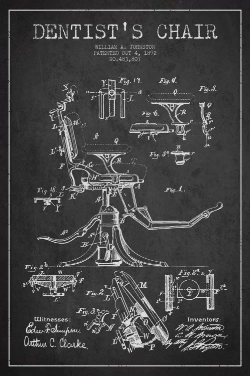 Dentist Chair Charcoal Patent Blueprint