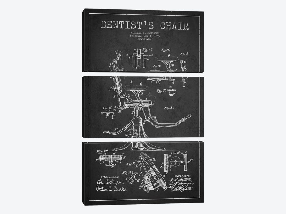 Dentist Chair Charcoal Patent Blueprint by Aged Pixel 3-piece Canvas Art