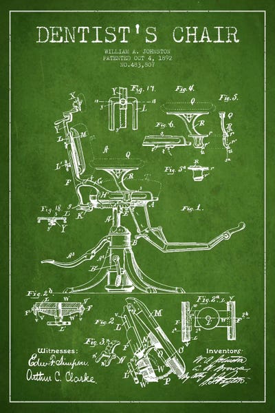 Dentist Chair Green Patent Blueprint by Aged Pixel canvas print