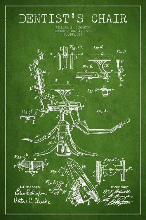 Dentist Chair Green Patent Blueprint by Aged Pixel wall art
