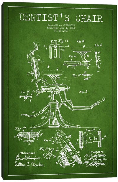 Dentist Chair Green Patent Blueprint Canvas Art Print - Aged Pixel: Medical & Dental