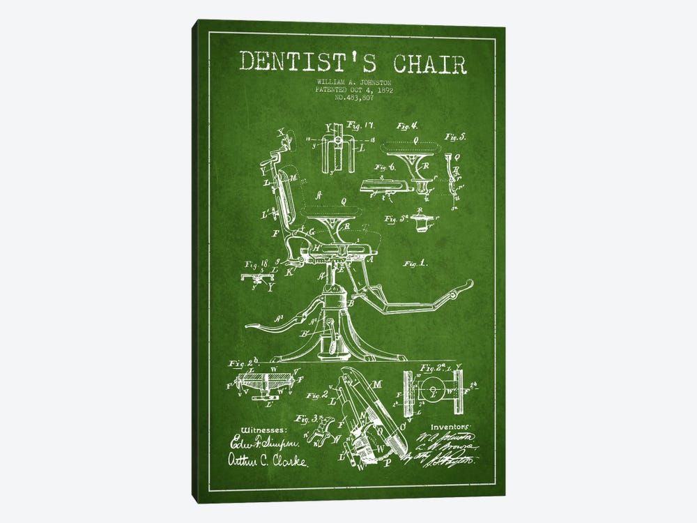 Dentist Chair Green Patent Blueprint by Aged Pixel 1-piece Canvas Art Print