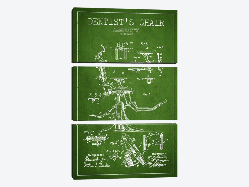 Dentist Chair Green Patent Blueprint by Aged Pixel 3-piece Canvas Print