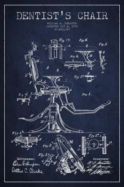 Dentist Chair Navy Blue Patent Blueprint by Aged Pixel framed wall art